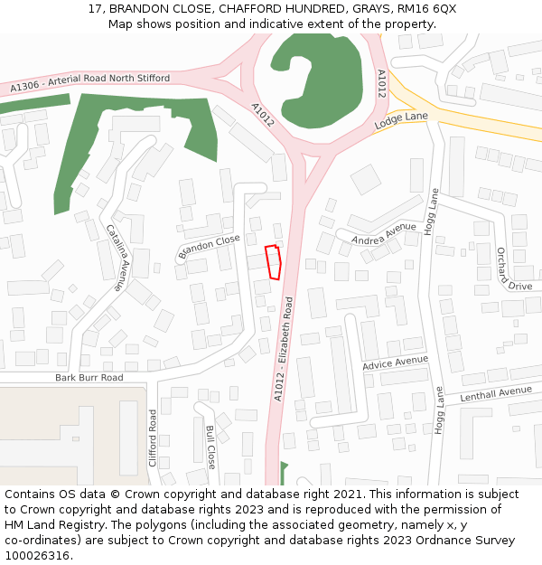 17, BRANDON CLOSE, CHAFFORD HUNDRED, GRAYS, RM16 6QX: Location map and indicative extent of plot