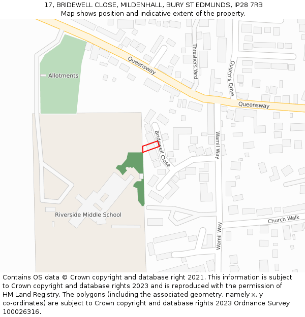 17, BRIDEWELL CLOSE, MILDENHALL, BURY ST EDMUNDS, IP28 7RB: Location map and indicative extent of plot