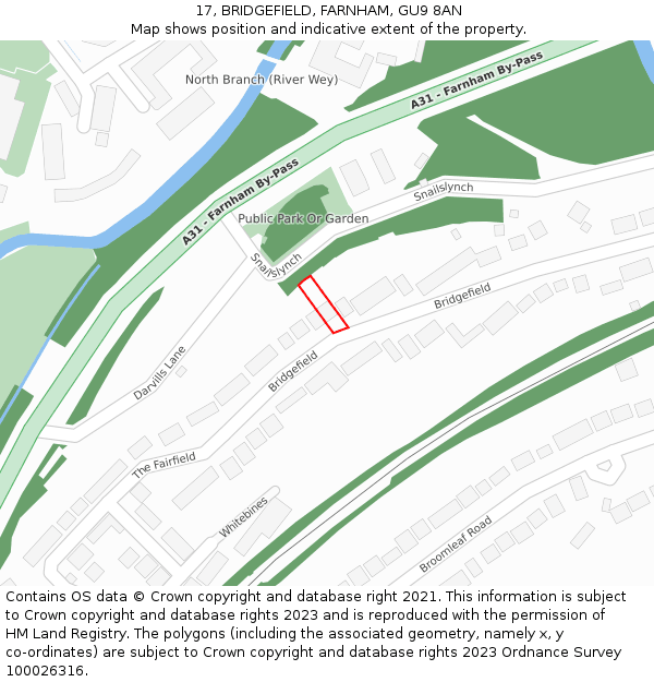 17, BRIDGEFIELD, FARNHAM, GU9 8AN: Location map and indicative extent of plot