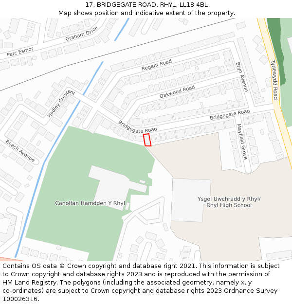 17, BRIDGEGATE ROAD, RHYL, LL18 4BL: Location map and indicative extent of plot