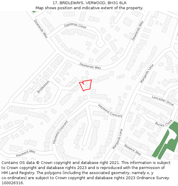 17, BRIDLEWAYS, VERWOOD, BH31 6LA: Location map and indicative extent of plot