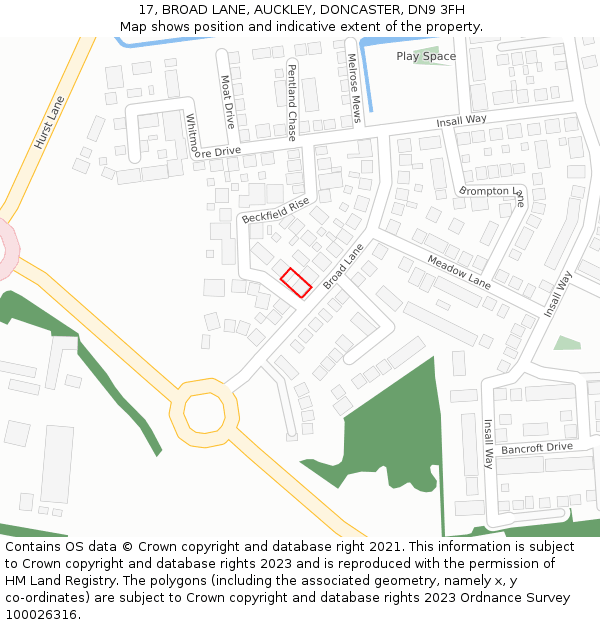 17, BROAD LANE, AUCKLEY, DONCASTER, DN9 3FH: Location map and indicative extent of plot