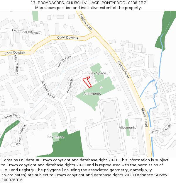 17, BROADACRES, CHURCH VILLAGE, PONTYPRIDD, CF38 1BZ: Location map and indicative extent of plot