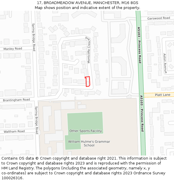 17, BROADMEADOW AVENUE, MANCHESTER, M16 8GS: Location map and indicative extent of plot