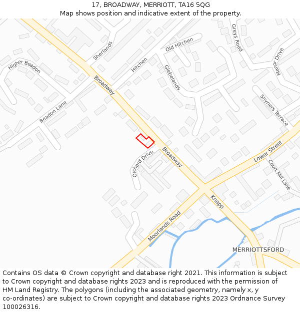 17, BROADWAY, MERRIOTT, TA16 5QG: Location map and indicative extent of plot