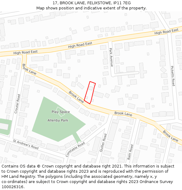 17, BROOK LANE, FELIXSTOWE, IP11 7EG: Location map and indicative extent of plot