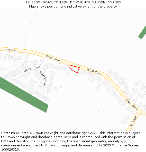 17, BROOK ROAD, TOLLESHUNT KNIGHTS, MALDON, CM9 8EX: Location map and indicative extent of plot