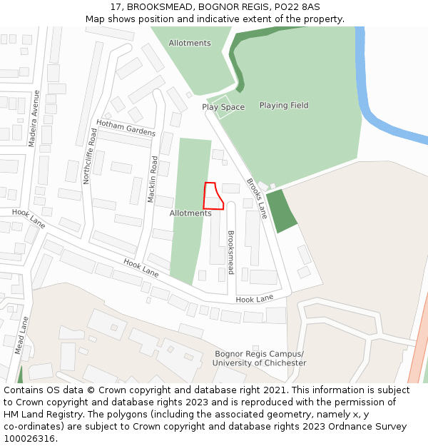 17, BROOKSMEAD, BOGNOR REGIS, PO22 8AS: Location map and indicative extent of plot