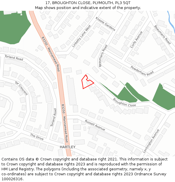 17, BROUGHTON CLOSE, PLYMOUTH, PL3 5QT: Location map and indicative extent of plot