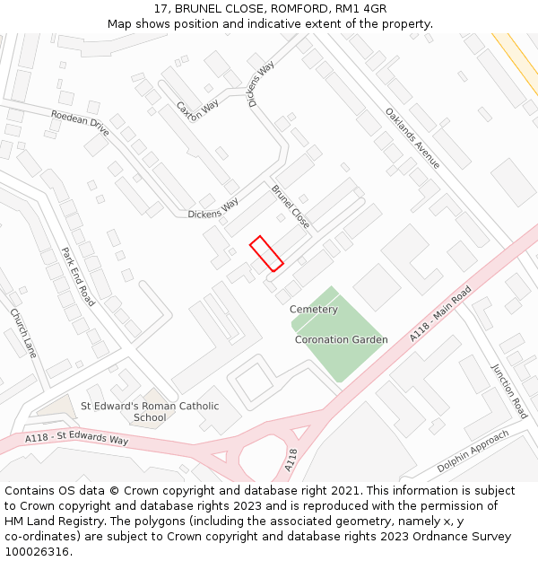 17, BRUNEL CLOSE, ROMFORD, RM1 4GR: Location map and indicative extent of plot