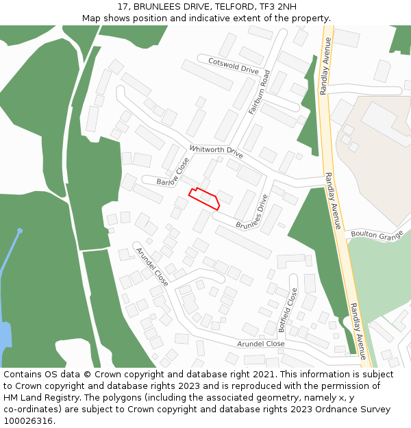 17, BRUNLEES DRIVE, TELFORD, TF3 2NH: Location map and indicative extent of plot