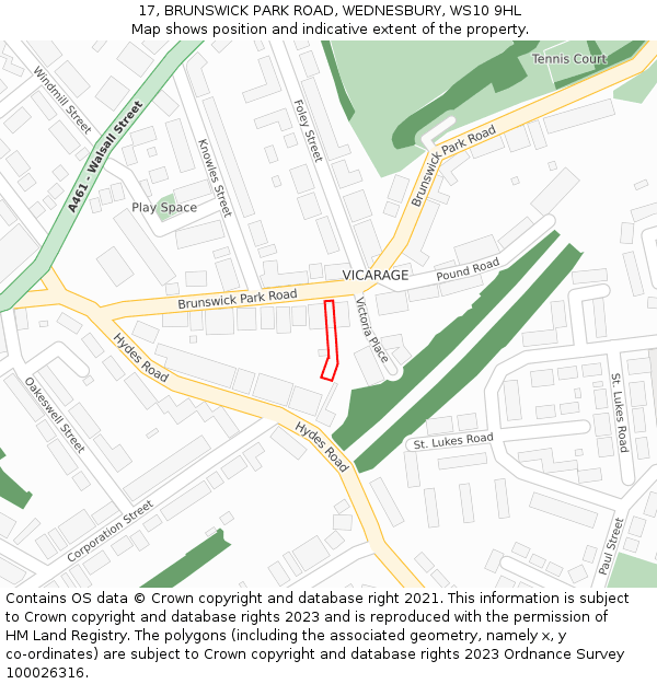 17, BRUNSWICK PARK ROAD, WEDNESBURY, WS10 9HL: Location map and indicative extent of plot