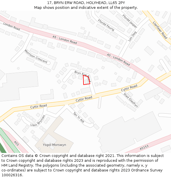 17, BRYN ERW ROAD, HOLYHEAD, LL65 2PY: Location map and indicative extent of plot