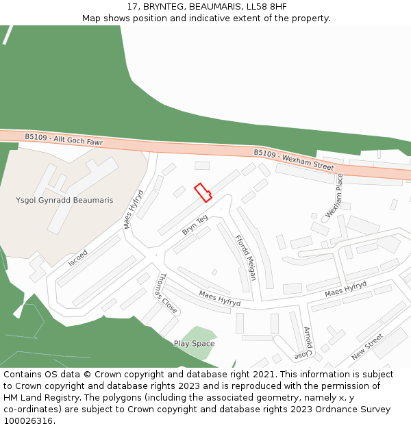 17, BRYNTEG, BEAUMARIS, LL58 8HF: Location map and indicative extent of plot