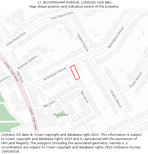17, BUCKINGHAM AVENUE, LONDON, N20 9BU: Location map and indicative extent of plot
