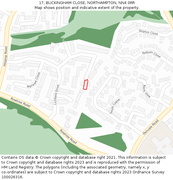 17, BUCKINGHAM CLOSE, NORTHAMPTON, NN4 0RR: Location map and indicative extent of plot