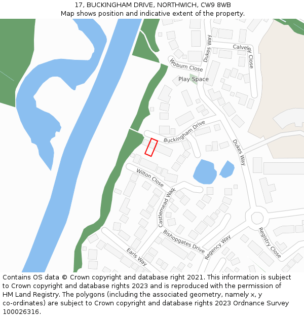 17, BUCKINGHAM DRIVE, NORTHWICH, CW9 8WB: Location map and indicative extent of plot