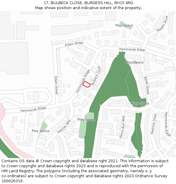 17, BULBECK CLOSE, BURGESS HILL, RH15 9RG: Location map and indicative extent of plot