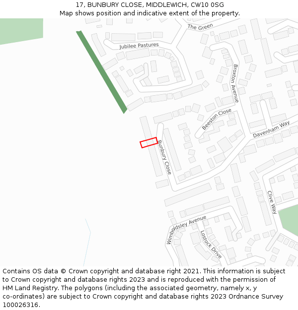 17, BUNBURY CLOSE, MIDDLEWICH, CW10 0SG: Location map and indicative extent of plot