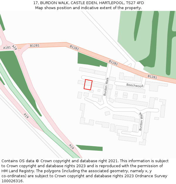 17, BURDON WALK, CASTLE EDEN, HARTLEPOOL, TS27 4FD: Location map and indicative extent of plot