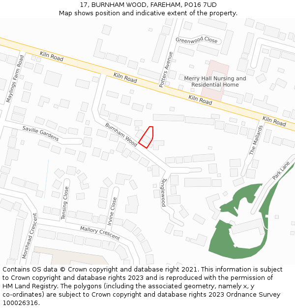 17, BURNHAM WOOD, FAREHAM, PO16 7UD: Location map and indicative extent of plot