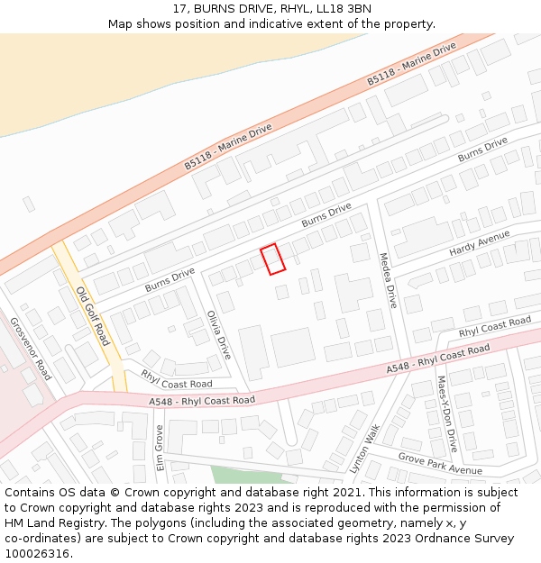 17, BURNS DRIVE, RHYL, LL18 3BN: Location map and indicative extent of plot