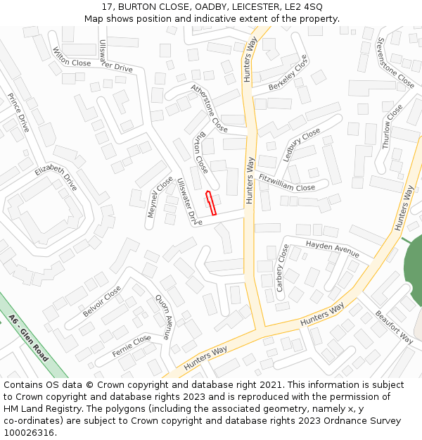 17, BURTON CLOSE, OADBY, LEICESTER, LE2 4SQ: Location map and indicative extent of plot