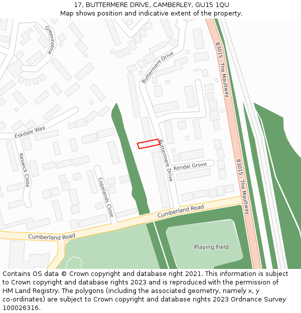 17, BUTTERMERE DRIVE, CAMBERLEY, GU15 1QU: Location map and indicative extent of plot