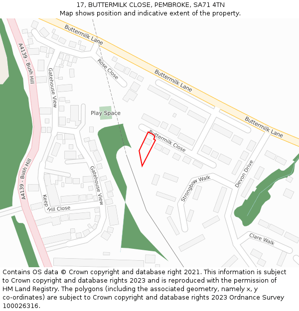 17, BUTTERMILK CLOSE, PEMBROKE, SA71 4TN: Location map and indicative extent of plot