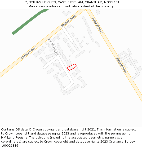 17, BYTHAM HEIGHTS, CASTLE BYTHAM, GRANTHAM, NG33 4ST: Location map and indicative extent of plot