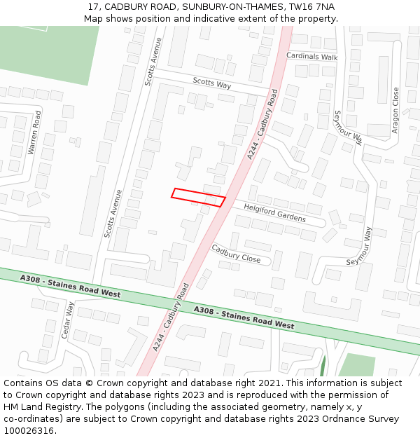17, CADBURY ROAD, SUNBURY-ON-THAMES, TW16 7NA: Location map and indicative extent of plot