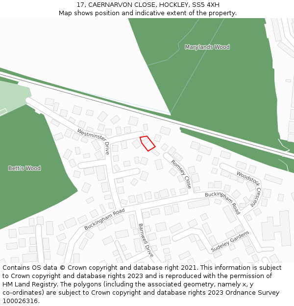 17, CAERNARVON CLOSE, HOCKLEY, SS5 4XH: Location map and indicative extent of plot