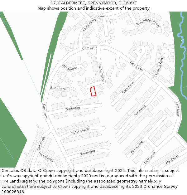 17, CALDERMERE, SPENNYMOOR, DL16 6XT: Location map and indicative extent of plot