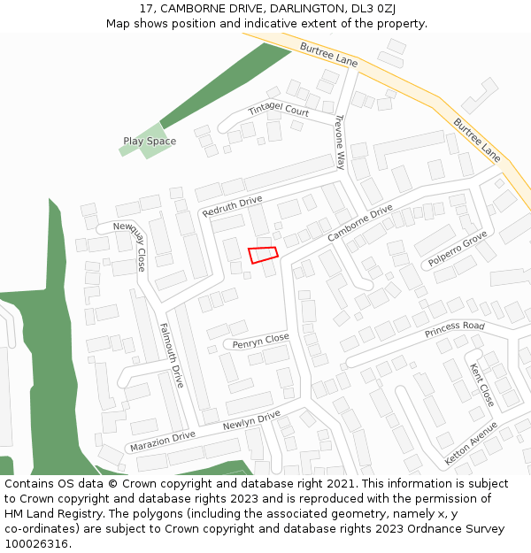 17, CAMBORNE DRIVE, DARLINGTON, DL3 0ZJ: Location map and indicative extent of plot