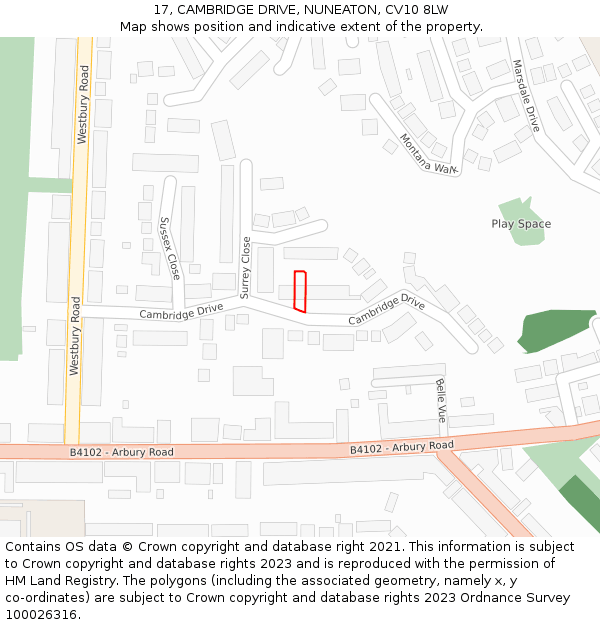 17, CAMBRIDGE DRIVE, NUNEATON, CV10 8LW: Location map and indicative extent of plot