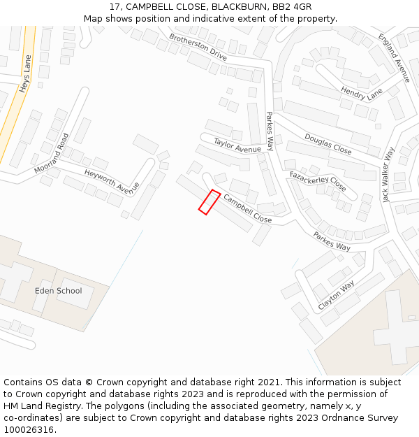 17, CAMPBELL CLOSE, BLACKBURN, BB2 4GR: Location map and indicative extent of plot