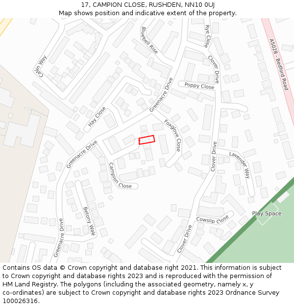 17, CAMPION CLOSE, RUSHDEN, NN10 0UJ: Location map and indicative extent of plot