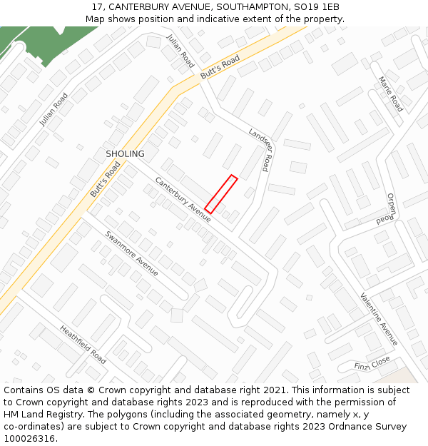 17, CANTERBURY AVENUE, SOUTHAMPTON, SO19 1EB: Location map and indicative extent of plot