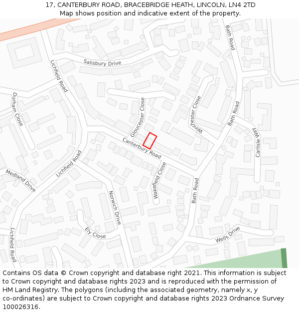 17, CANTERBURY ROAD, BRACEBRIDGE HEATH, LINCOLN, LN4 2TD: Location map and indicative extent of plot