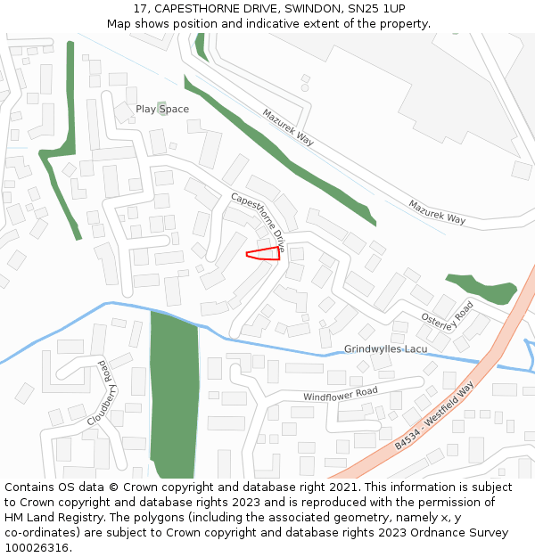 17, CAPESTHORNE DRIVE, SWINDON, SN25 1UP: Location map and indicative extent of plot