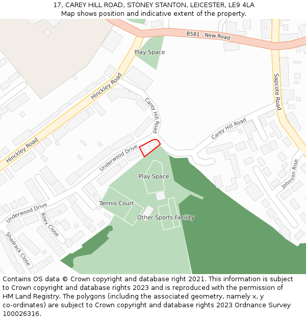 17, CAREY HILL ROAD, STONEY STANTON, LEICESTER, LE9 4LA: Location map and indicative extent of plot