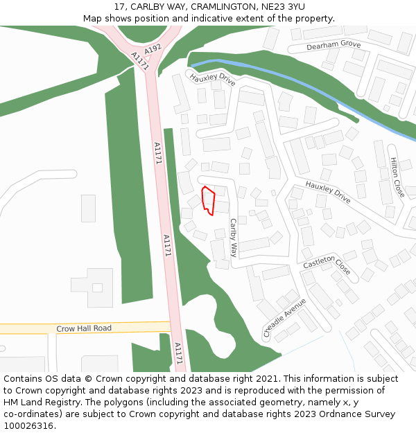17, CARLBY WAY, CRAMLINGTON, NE23 3YU: Location map and indicative extent of plot