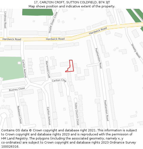 17, CARLTON CROFT, SUTTON COLDFIELD, B74 3JT: Location map and indicative extent of plot