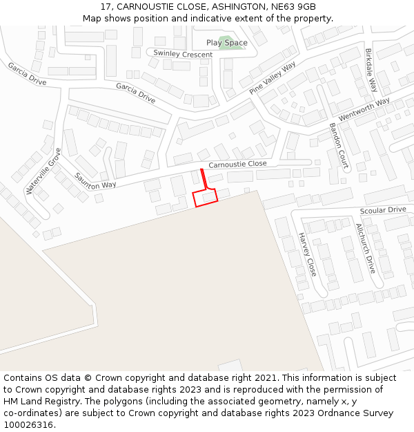 17, CARNOUSTIE CLOSE, ASHINGTON, NE63 9GB: Location map and indicative extent of plot