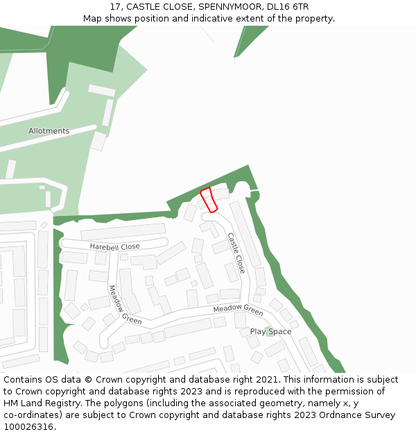 17, CASTLE CLOSE, SPENNYMOOR, DL16 6TR: Location map and indicative extent of plot