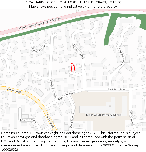 17, CATHARINE CLOSE, CHAFFORD HUNDRED, GRAYS, RM16 6QH: Location map and indicative extent of plot