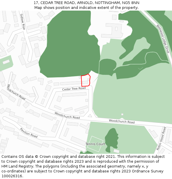 17, CEDAR TREE ROAD, ARNOLD, NOTTINGHAM, NG5 8NN: Location map and indicative extent of plot