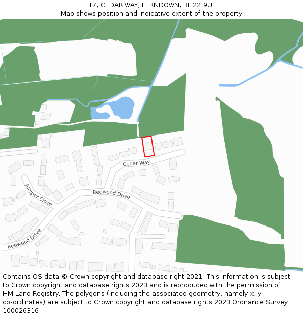 17, CEDAR WAY, FERNDOWN, BH22 9UE: Location map and indicative extent of plot