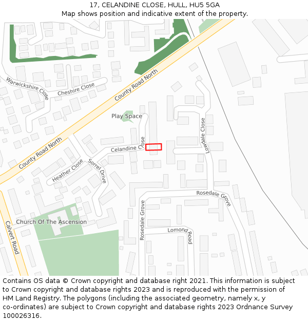 17, CELANDINE CLOSE, HULL, HU5 5GA: Location map and indicative extent of plot