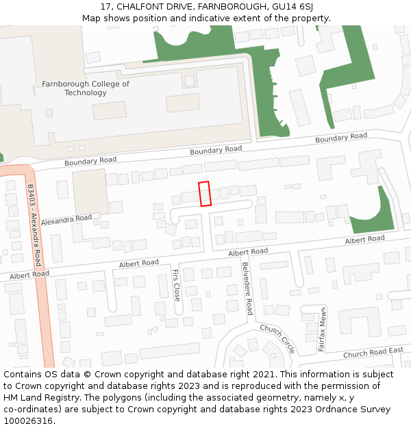 17, CHALFONT DRIVE, FARNBOROUGH, GU14 6SJ: Location map and indicative extent of plot